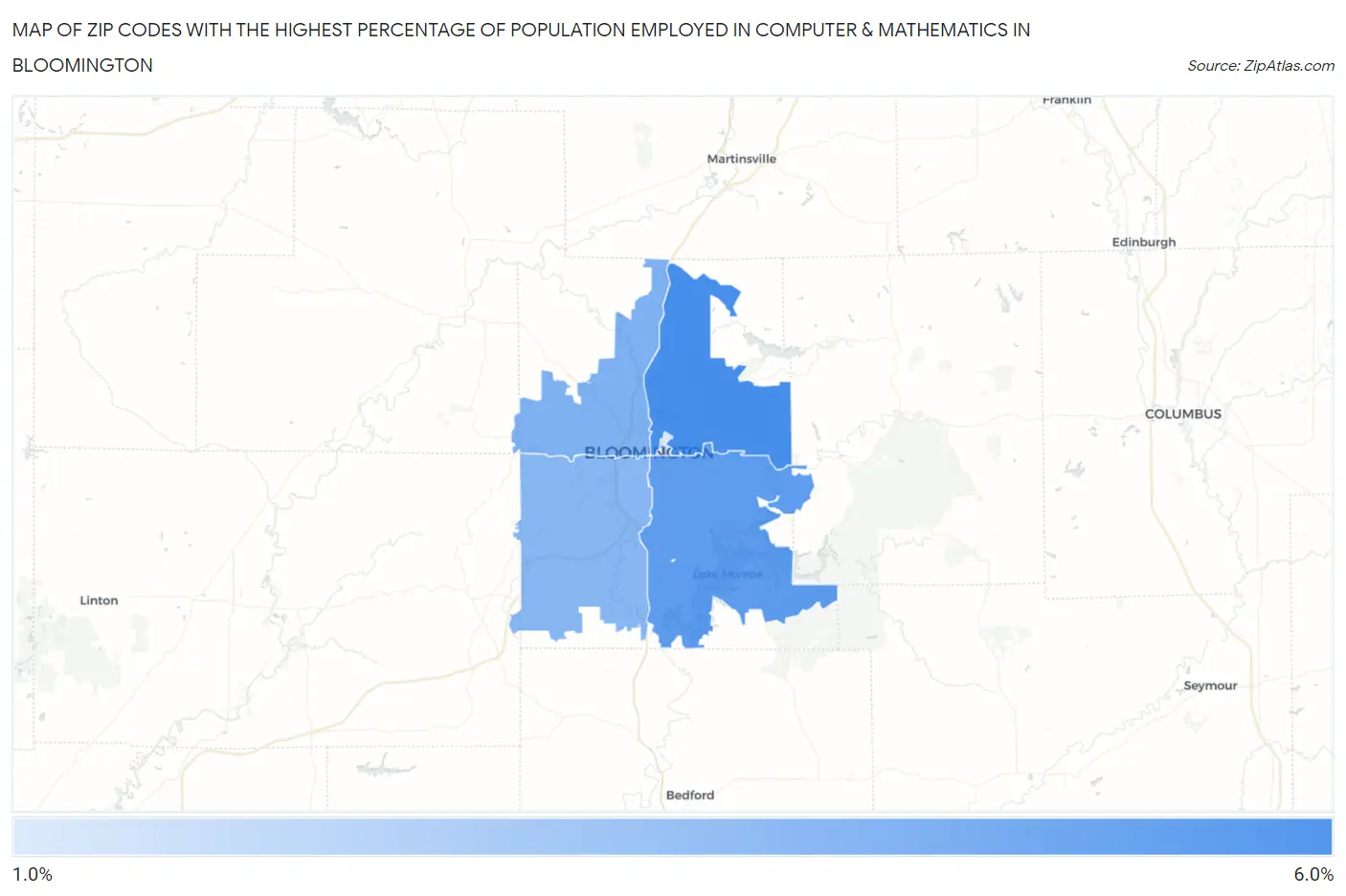 Zip Codes with the Highest Percentage of Population Employed in Computer & Mathematics in Bloomington Map