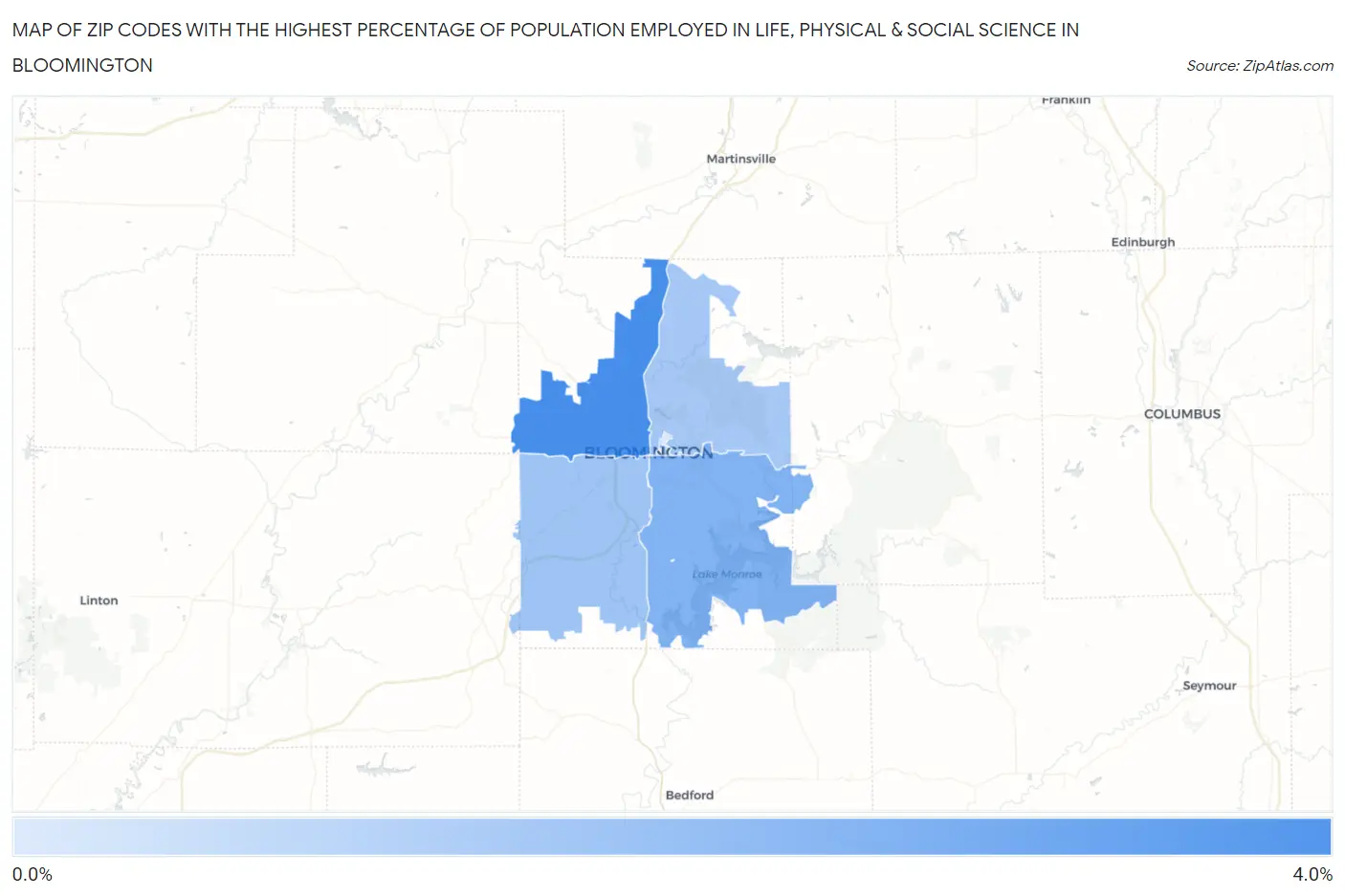 Zip Codes with the Highest Percentage of Population Employed in Life, Physical & Social Science in Bloomington Map