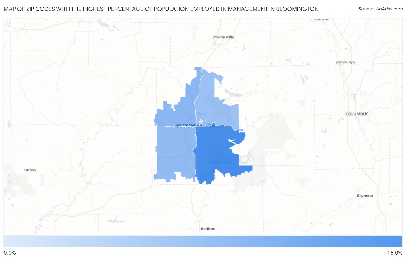 Zip Codes with the Highest Percentage of Population Employed in Management in Bloomington Map