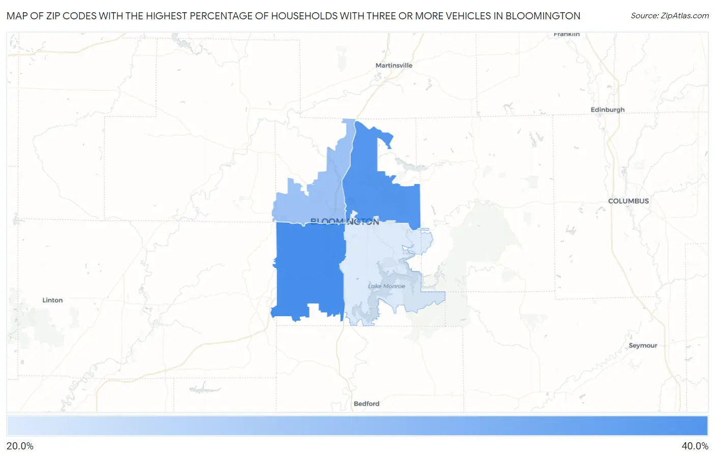 Zip Codes with the Highest Percentage of Households With Three or more Vehicles in Bloomington Map