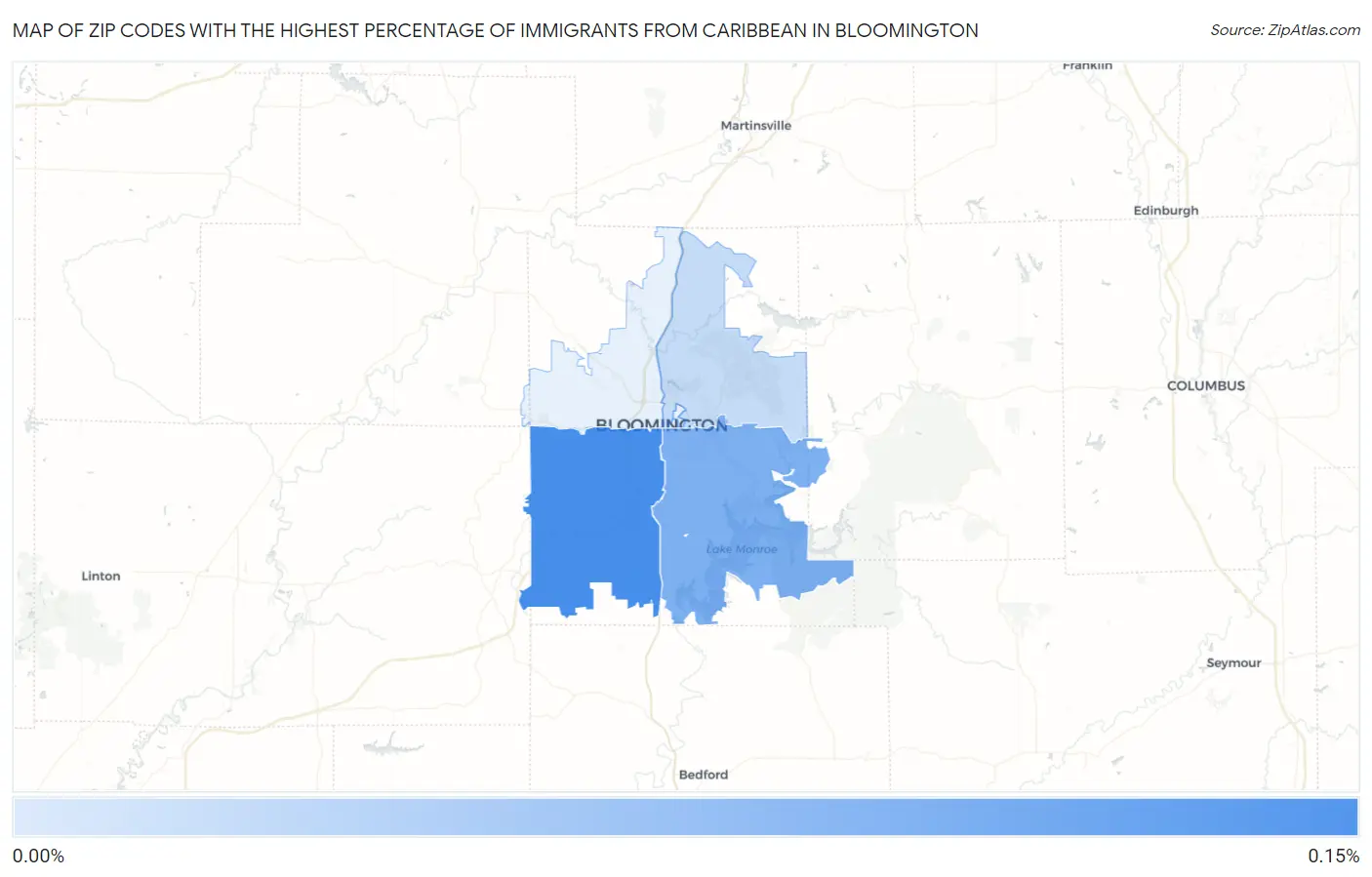 Zip Codes with the Highest Percentage of Immigrants from Caribbean in Bloomington Map