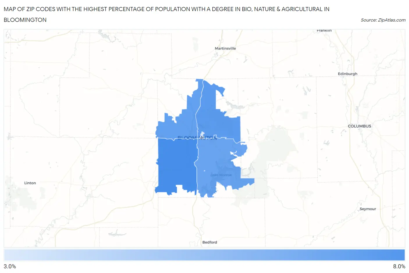 Zip Codes with the Highest Percentage of Population with a Degree in Bio, Nature & Agricultural in Bloomington Map