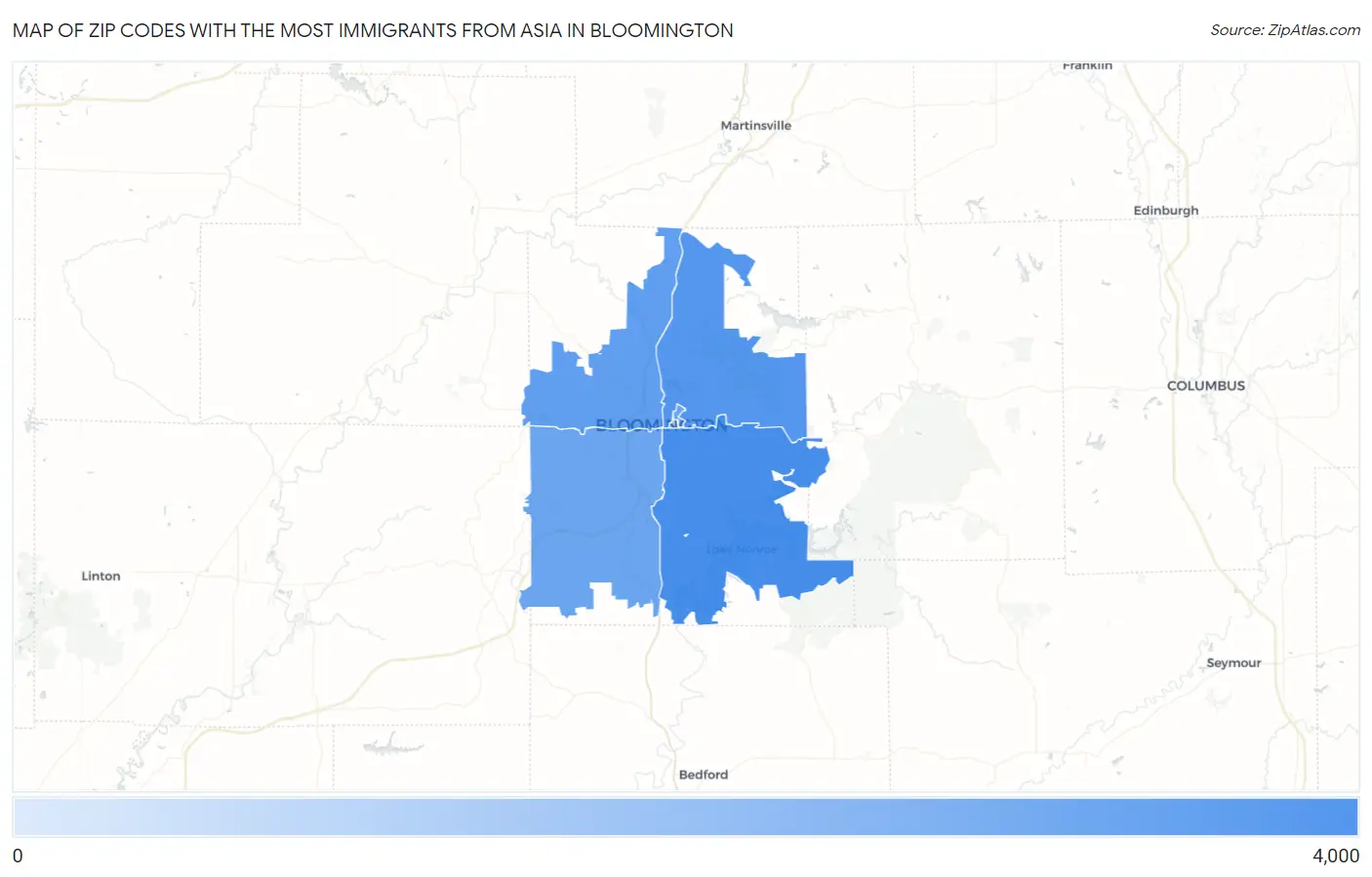 Zip Codes with the Most Immigrants from Asia in Bloomington Map