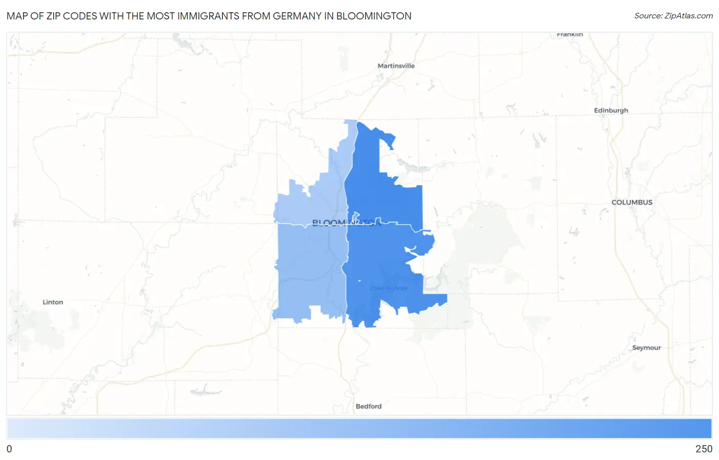 Zip Codes with the Most Immigrants from Germany in Bloomington Map