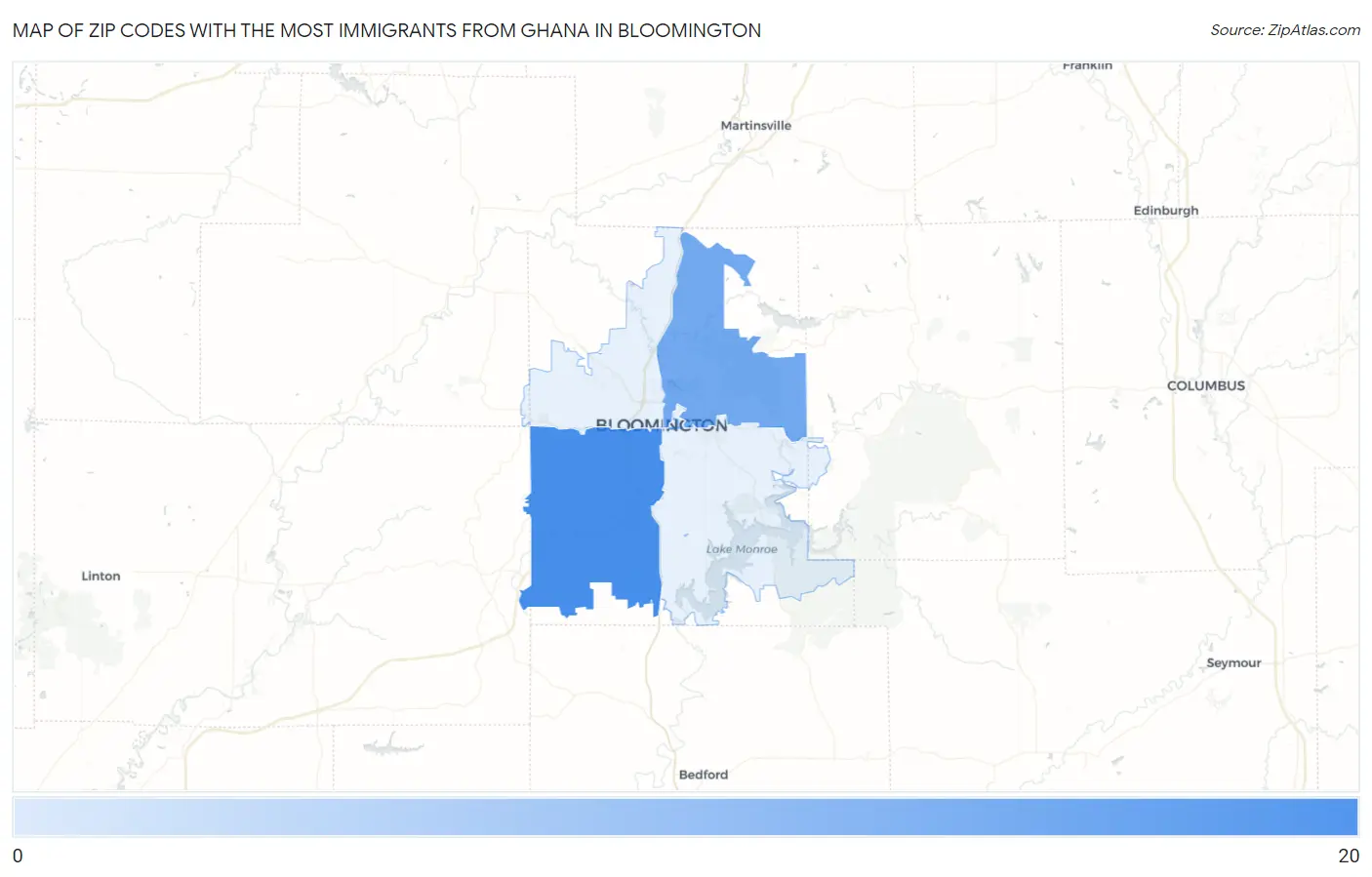 Zip Codes with the Most Immigrants from Ghana in Bloomington Map