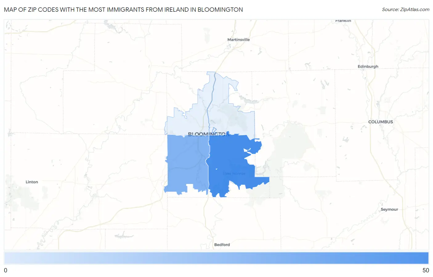 Zip Codes with the Most Immigrants from Ireland in Bloomington Map