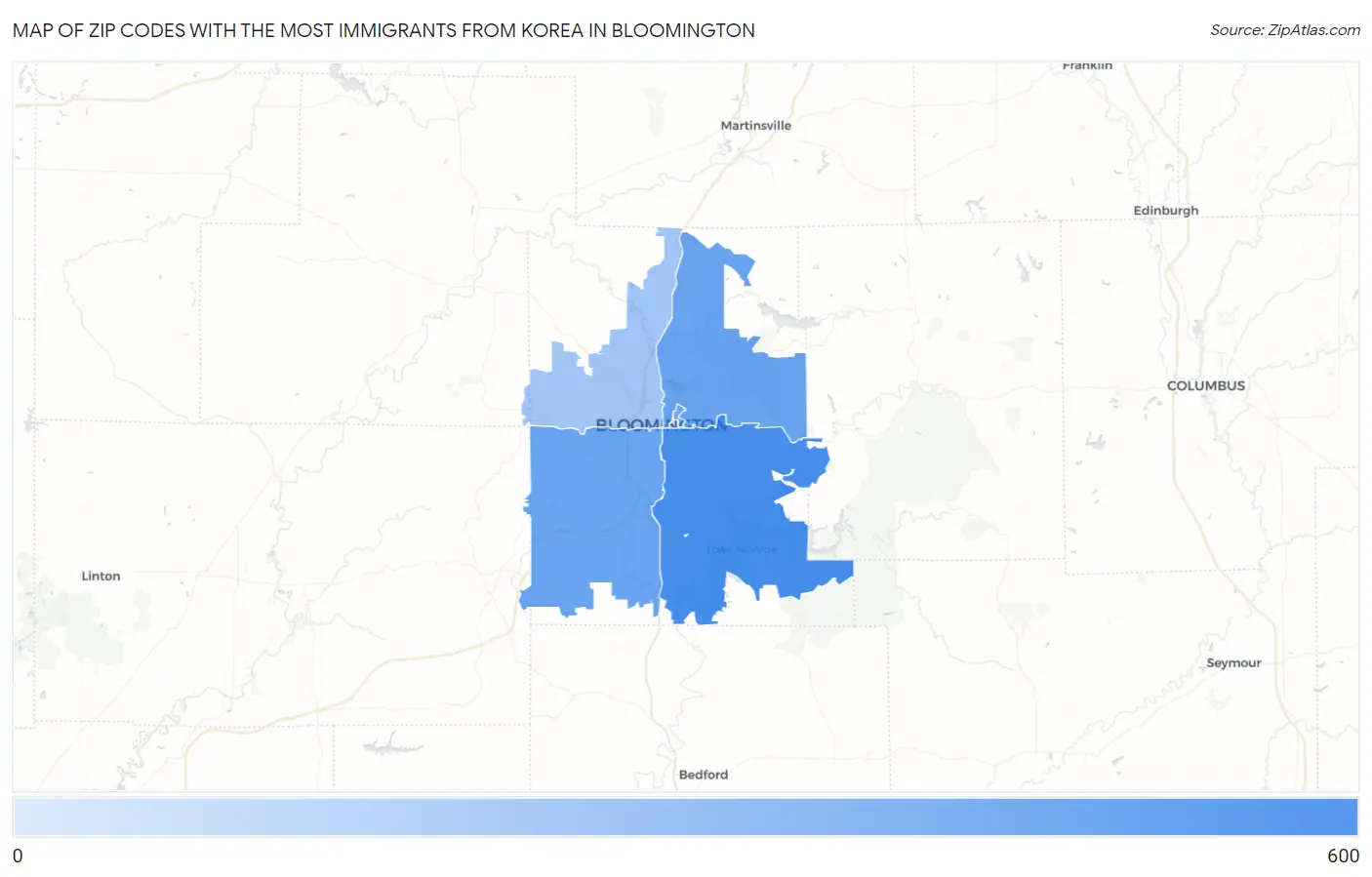Zip Codes with the Most Immigrants from Korea in Bloomington Map