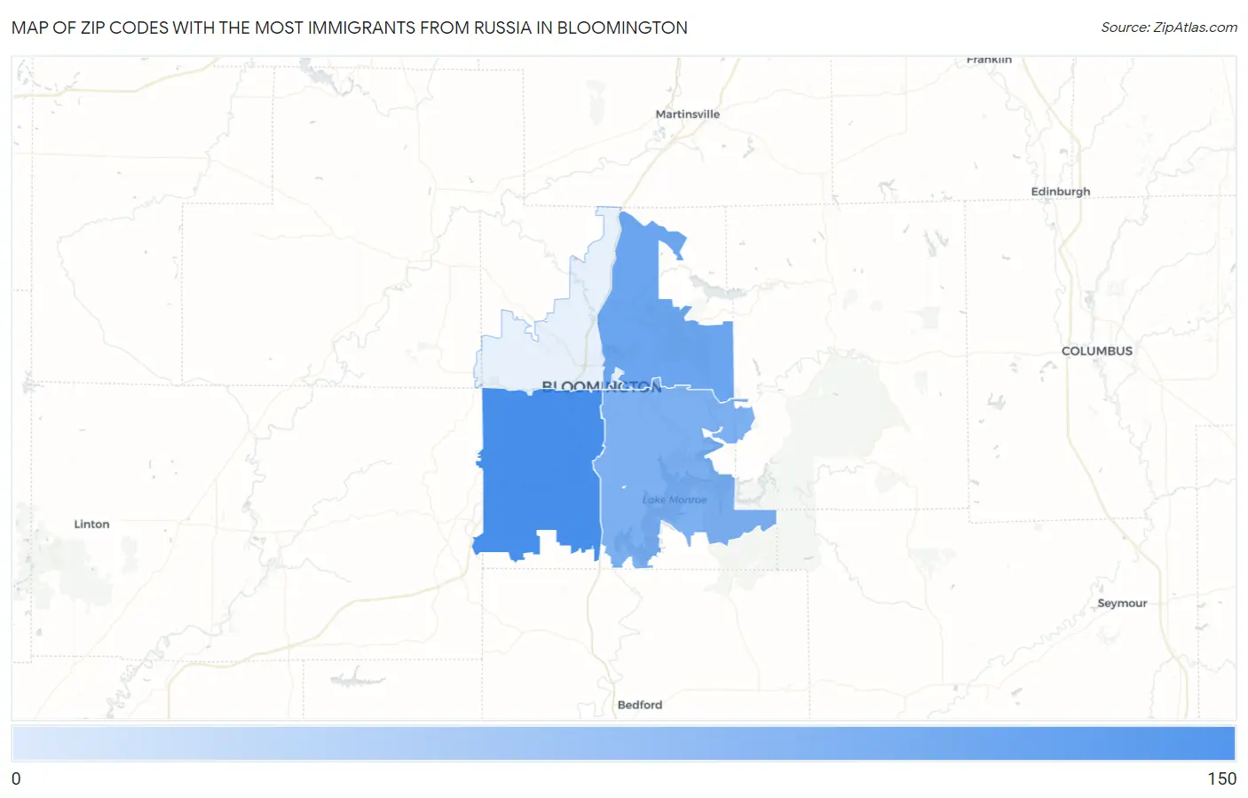 Zip Codes with the Most Immigrants from Russia in Bloomington Map
