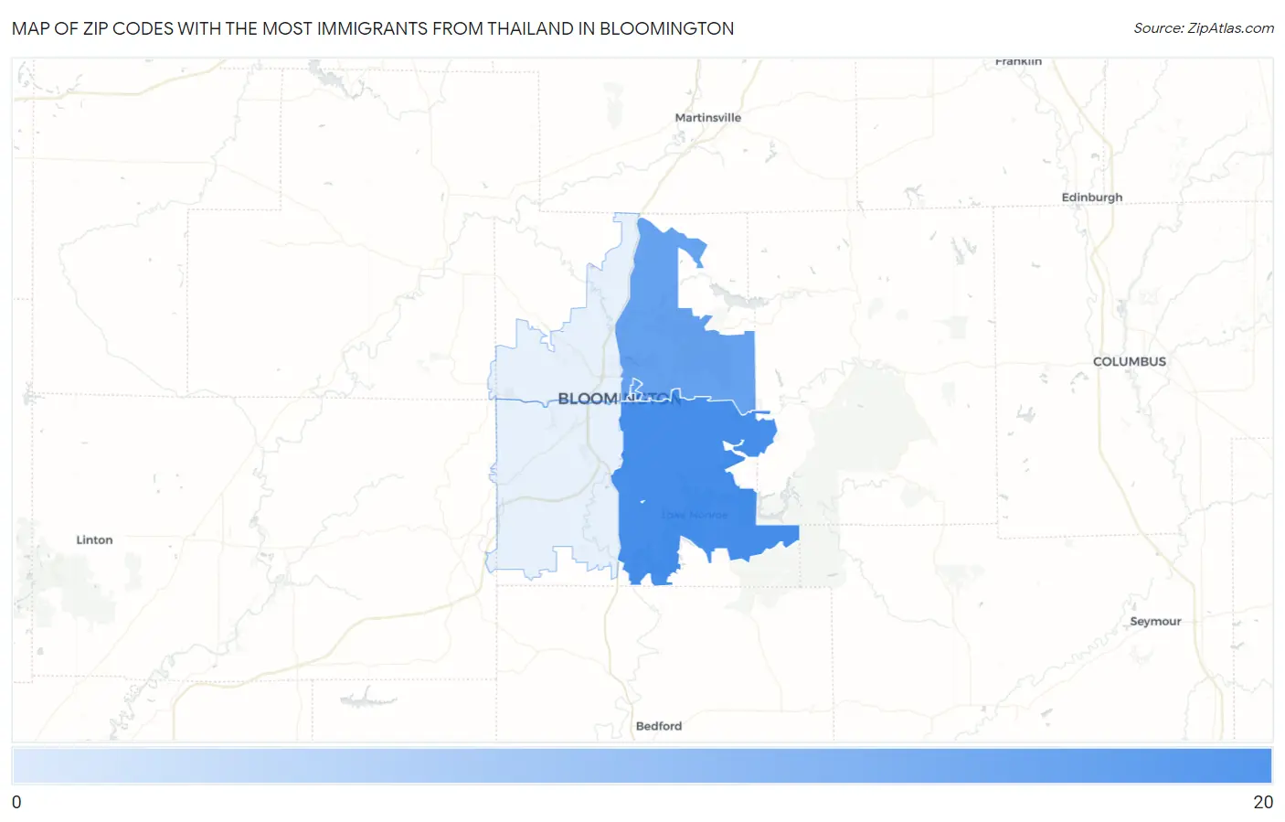 Zip Codes with the Most Immigrants from Thailand in Bloomington Map