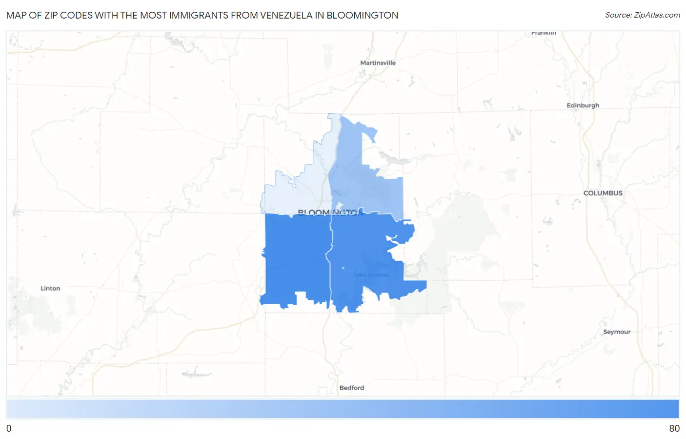 Zip Codes with the Most Immigrants from Venezuela in Bloomington Map