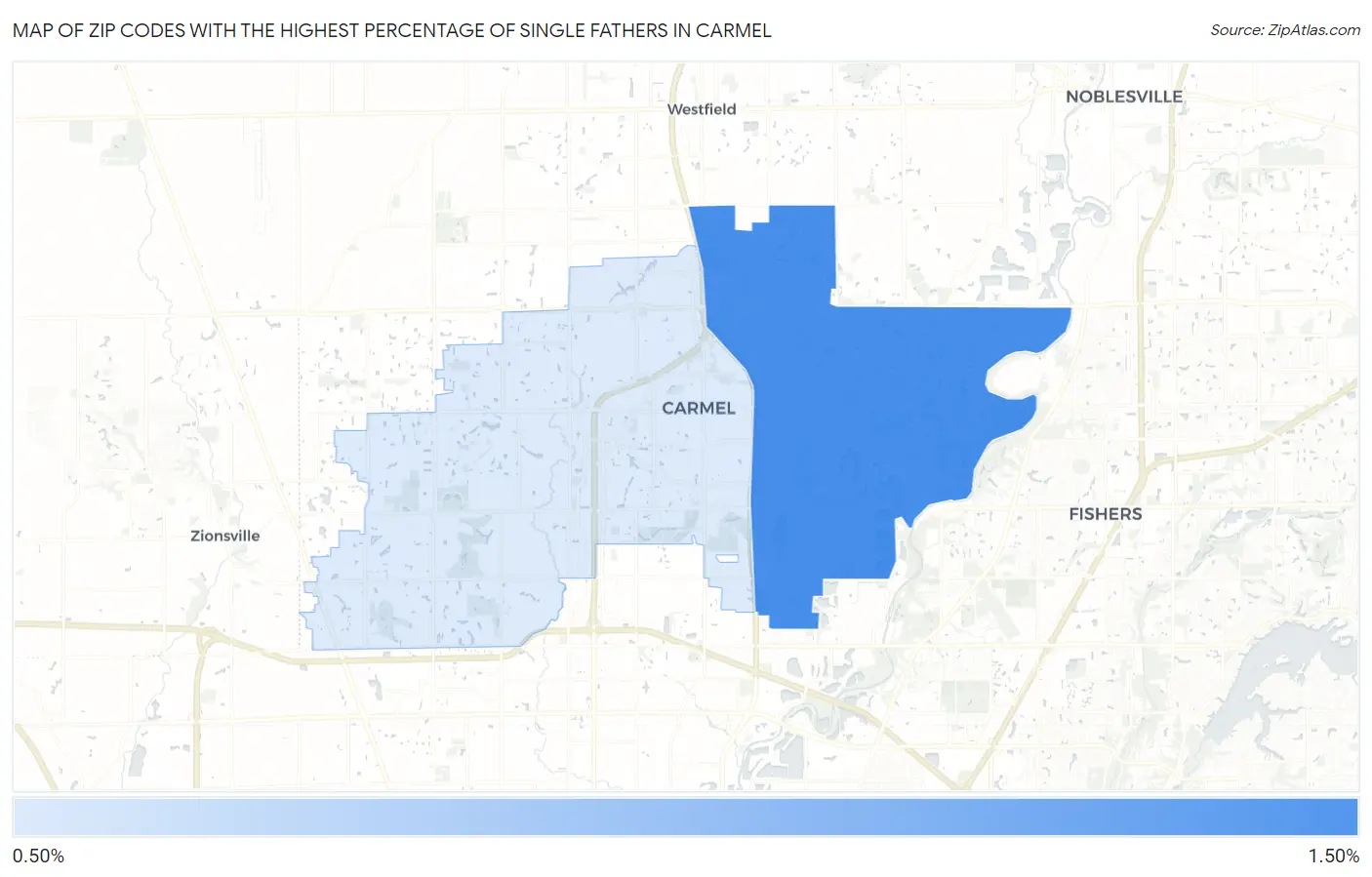 Zip Codes with the Highest Percentage of Single Fathers in Carmel Map