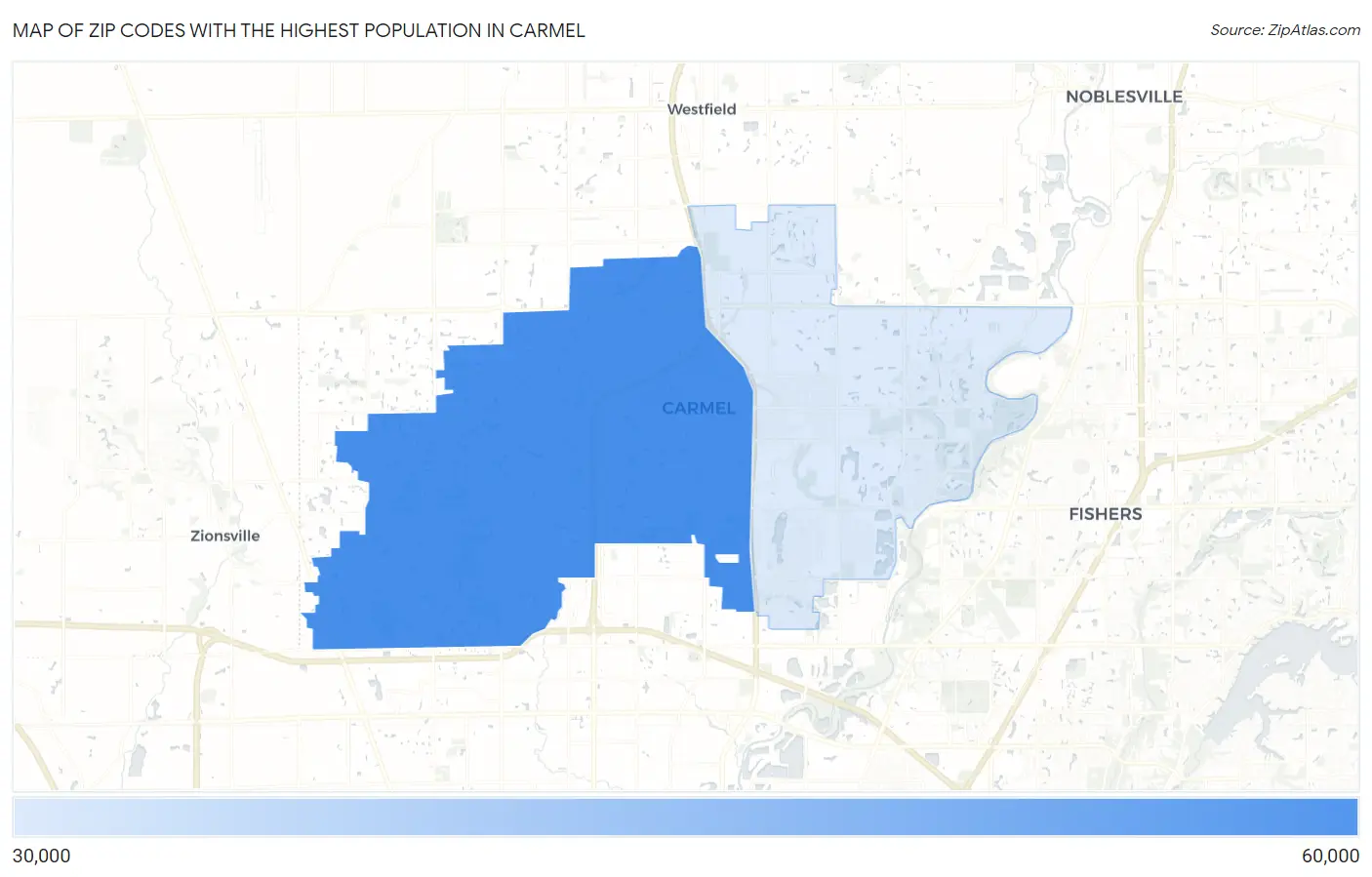 Zip Codes with the Highest Population in Carmel Map