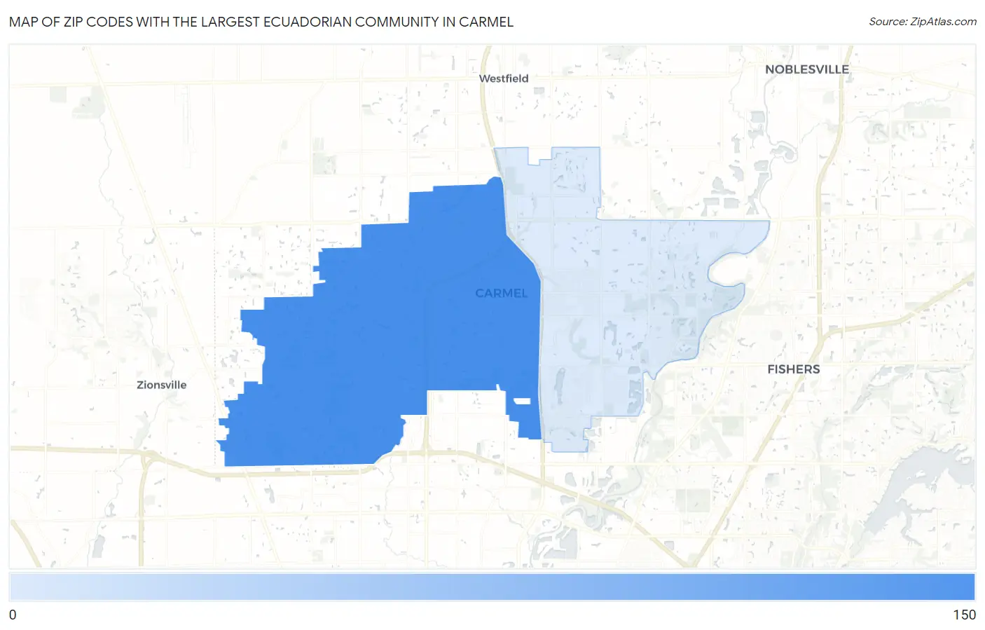 Zip Codes with the Largest Ecuadorian Community in Carmel Map