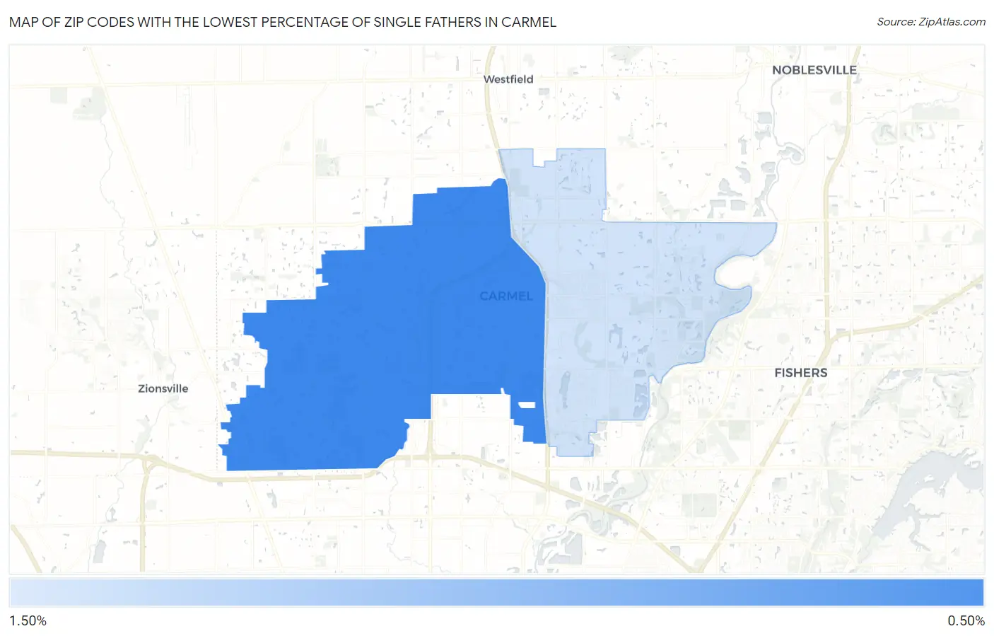 Zip Codes with the Lowest Percentage of Single Fathers in Carmel Map
