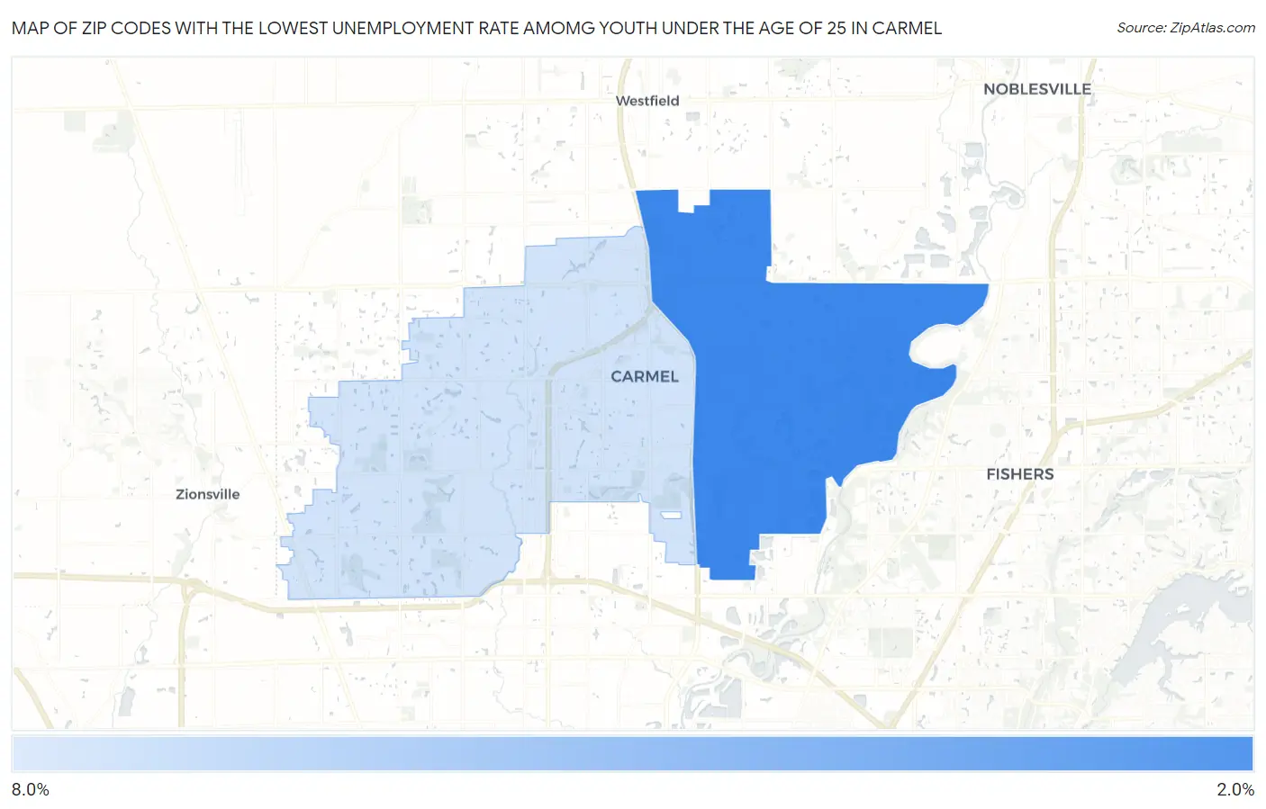 Zip Codes with the Lowest Unemployment Rate Amomg Youth Under the Age of 25 in Carmel Map