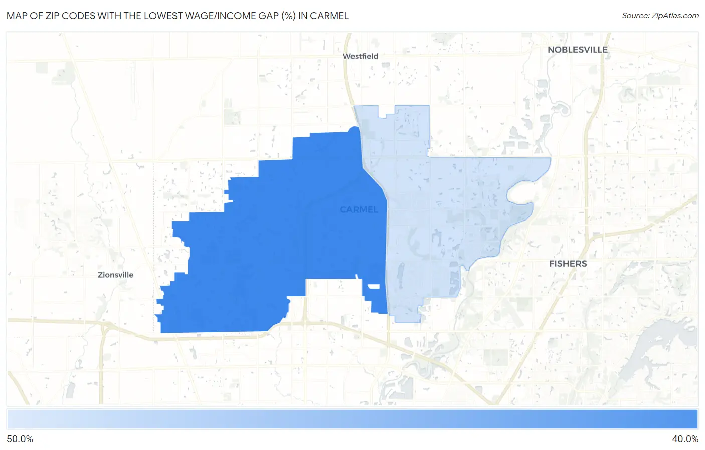 Zip Codes with the Lowest Wage/Income Gap (%) in Carmel Map