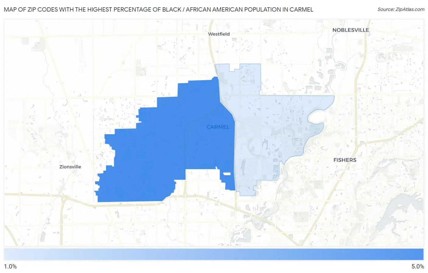 Zip Codes with the Highest Percentage of Black / African American Population in Carmel Map