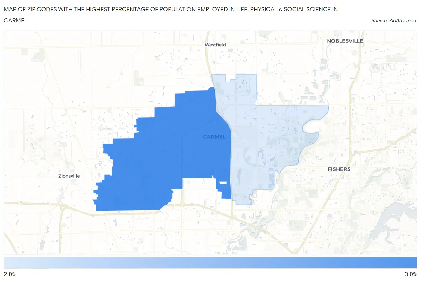 Zip Codes with the Highest Percentage of Population Employed in Life, Physical & Social Science in Carmel Map