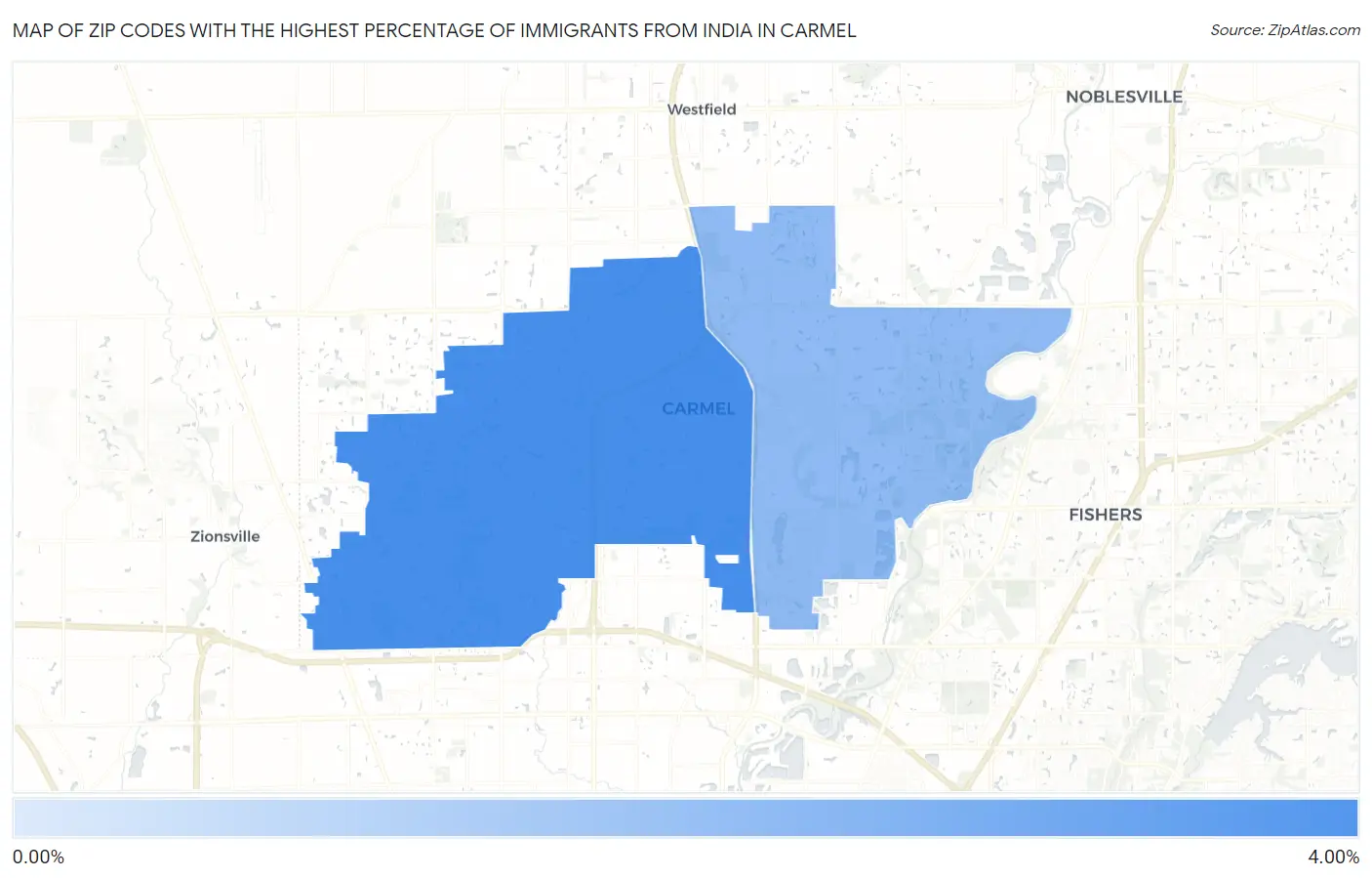 Zip Codes with the Highest Percentage of Immigrants from India in Carmel Map