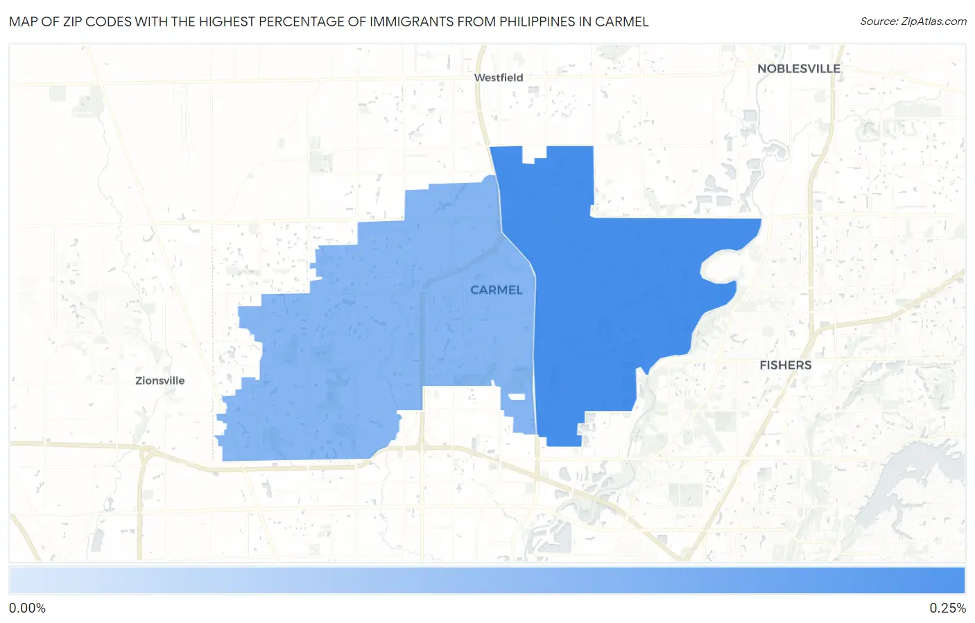 Zip Codes with the Highest Percentage of Immigrants from Philippines in Carmel Map