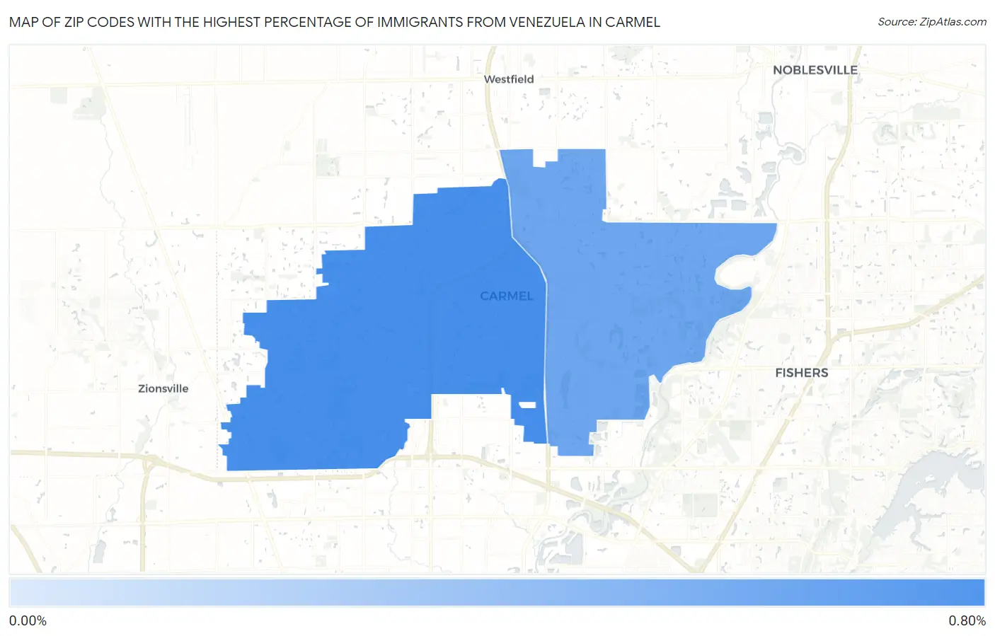 Zip Codes with the Highest Percentage of Immigrants from Venezuela in Carmel Map