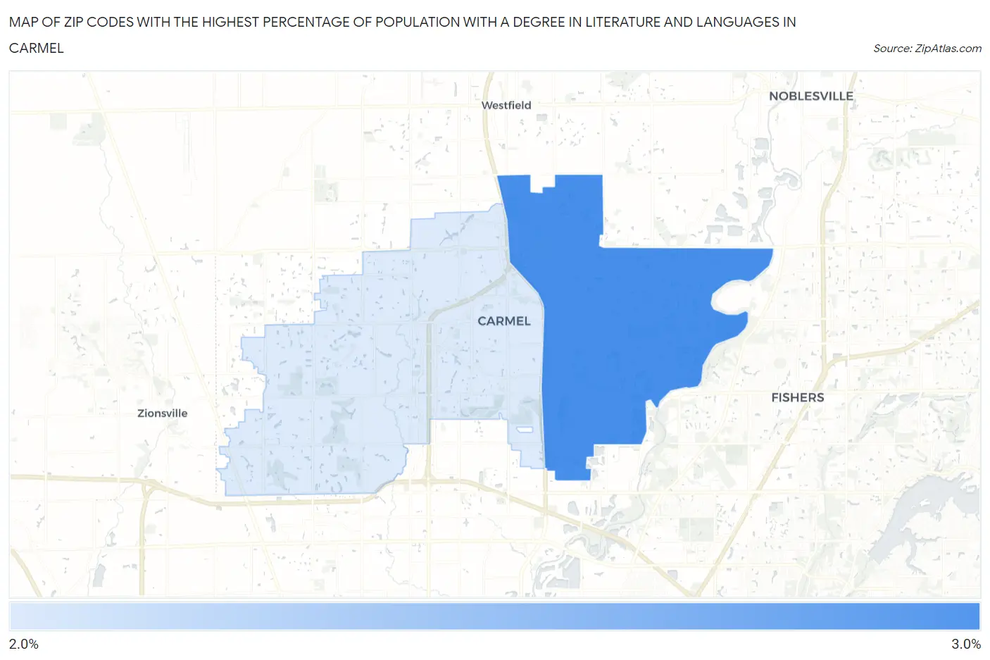 Zip Codes with the Highest Percentage of Population with a Degree in Literature and Languages in Carmel Map