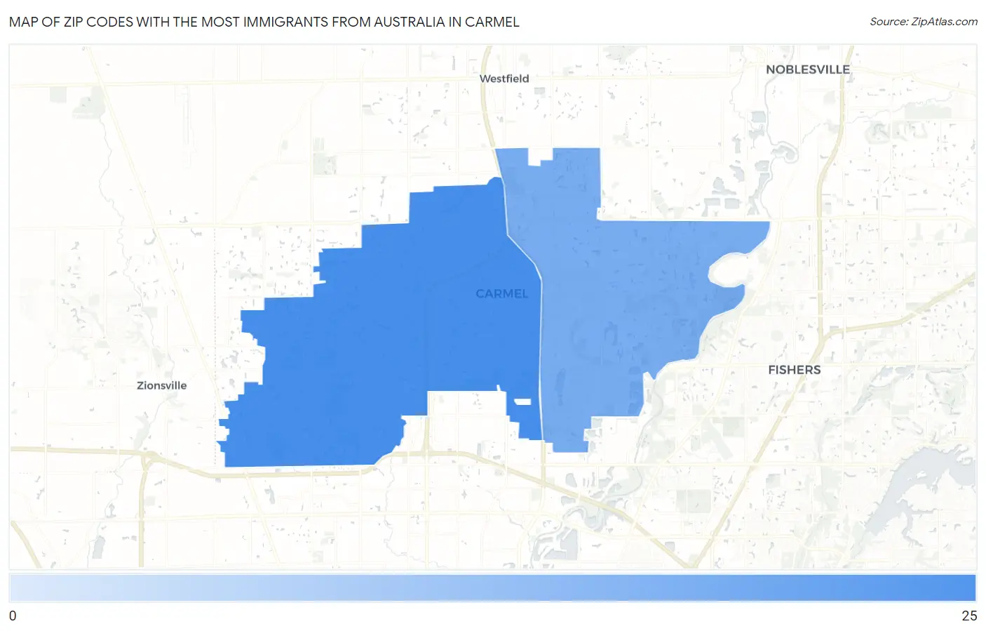 Zip Codes with the Most Immigrants from Australia in Carmel Map