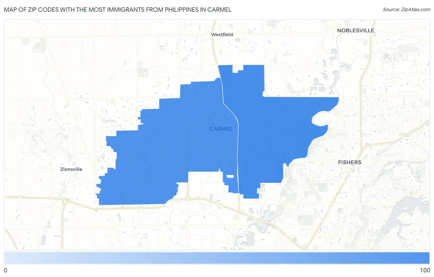 Zip Codes with the Most Immigrants from Philippines in Carmel Map