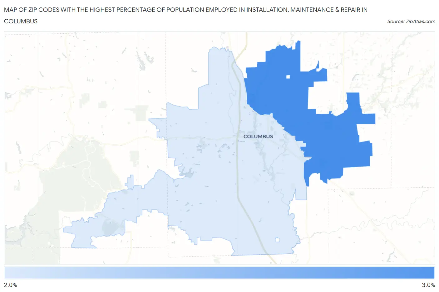 Zip Codes with the Highest Percentage of Population Employed in Installation, Maintenance & Repair in Columbus Map