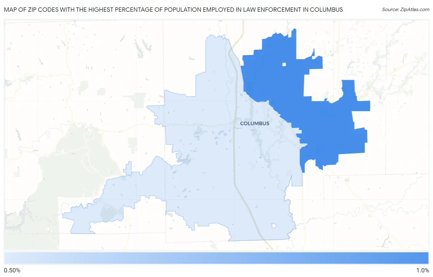 Zip Codes with the Highest Percentage of Population Employed in Law Enforcement in Columbus Map