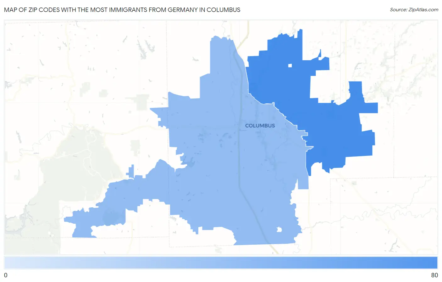 Zip Codes with the Most Immigrants from Germany in Columbus Map