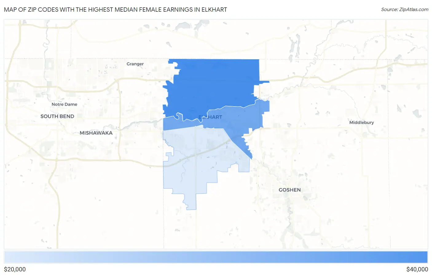 Zip Codes with the Highest Median Female Earnings in Elkhart Map