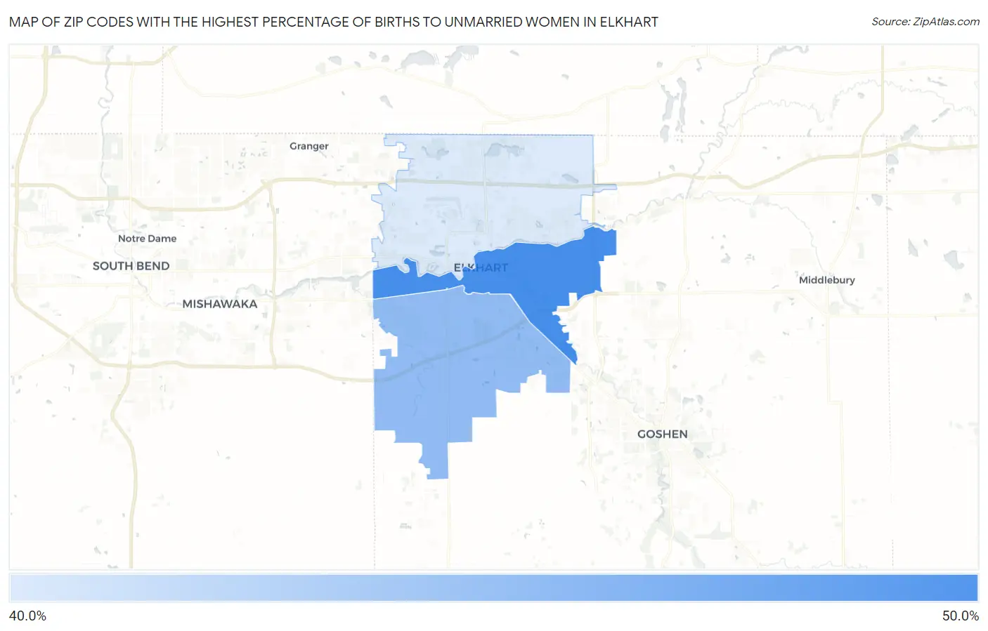 Zip Codes with the Highest Percentage of Births to Unmarried Women in Elkhart Map