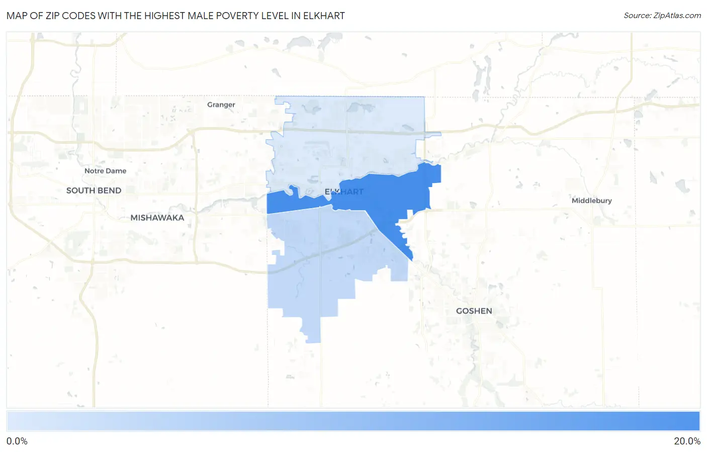Zip Codes with the Highest Male Poverty Level in Elkhart Map