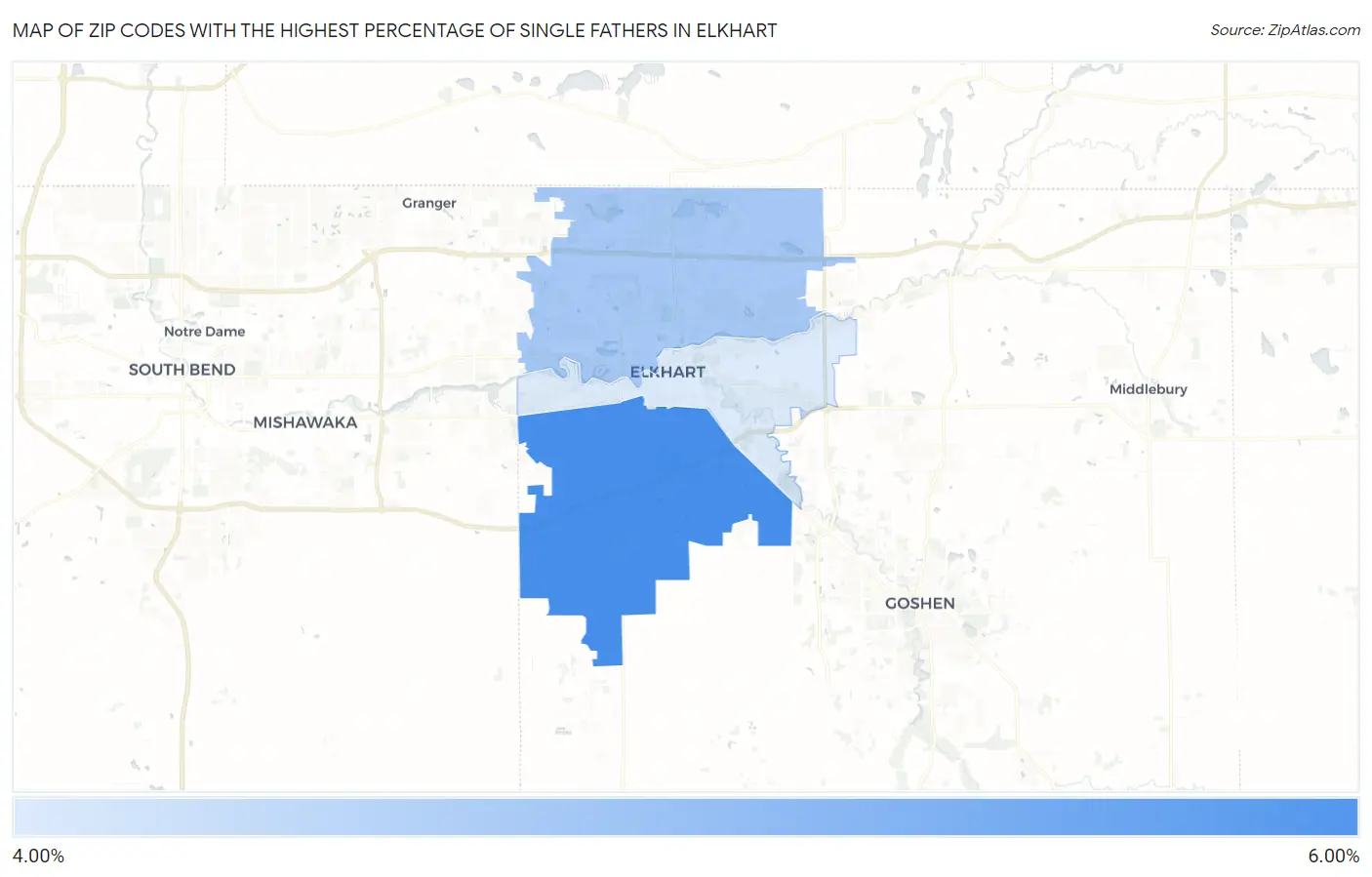 Zip Codes with the Highest Percentage of Single Fathers in Elkhart Map