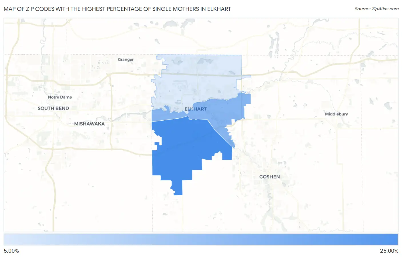 Zip Codes with the Highest Percentage of Single Mothers in Elkhart Map