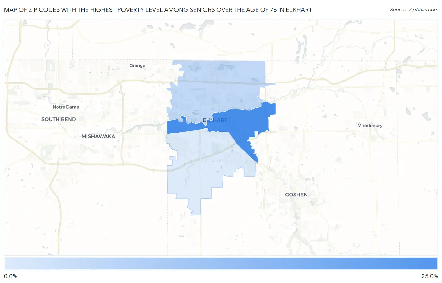Zip Codes with the Highest Poverty Level Among Seniors Over the Age of 75 in Elkhart Map