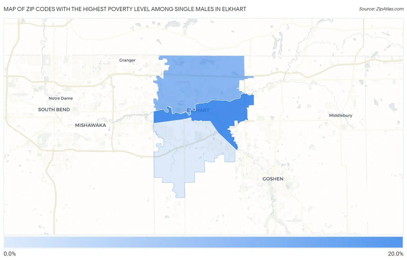 Zip Codes with the Highest Poverty Level Among Single Males in Elkhart Map
