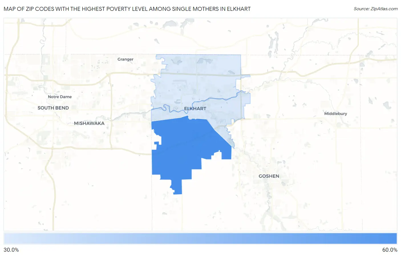 Zip Codes with the Highest Poverty Level Among Single Mothers in Elkhart Map