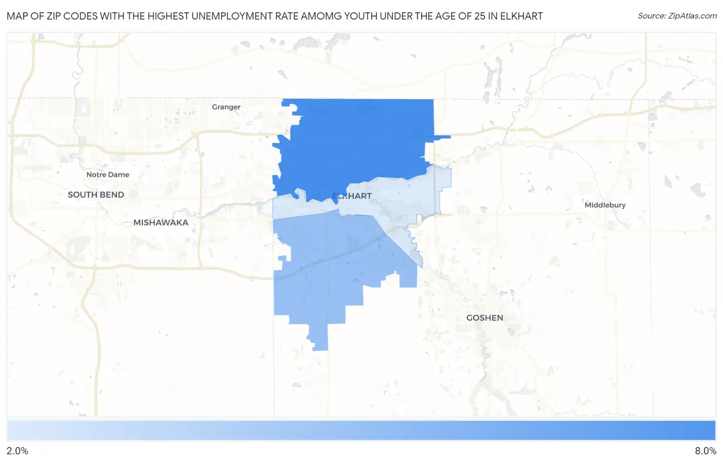 Zip Codes with the Highest Unemployment Rate Amomg Youth Under the Age of 25 in Elkhart Map