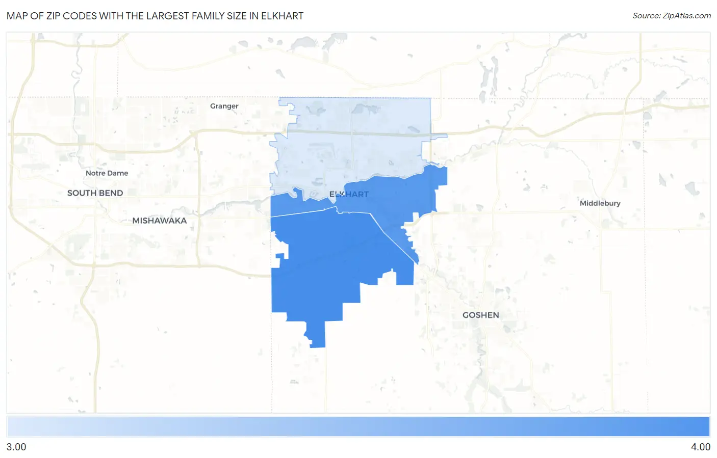 Zip Codes with the Largest Family Size in Elkhart Map