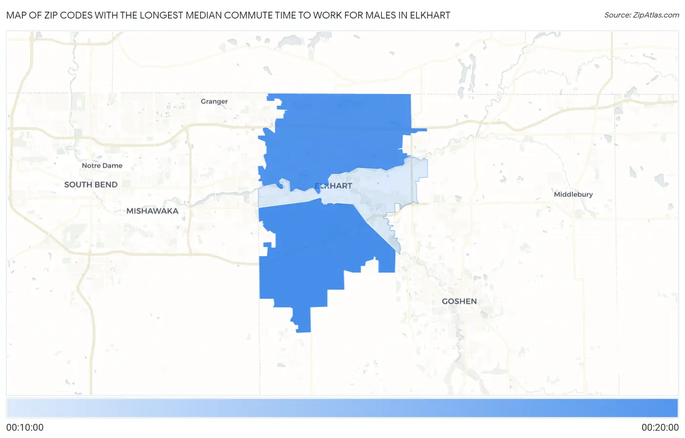 Zip Codes with the Longest Median Commute Time to Work for Males in Elkhart Map