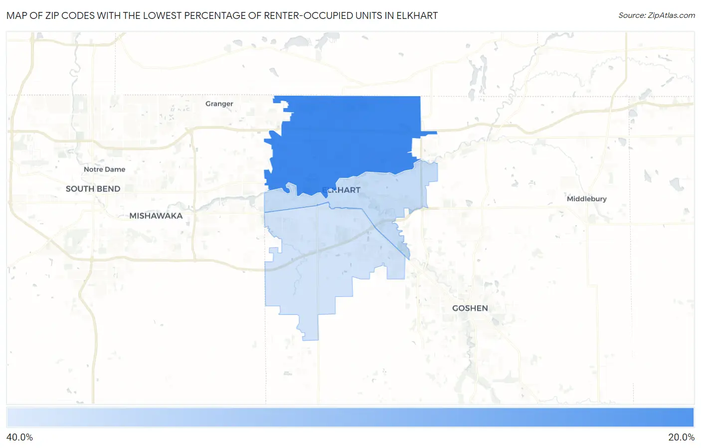 Zip Codes with the Lowest Percentage of Renter-Occupied Units in Elkhart Map