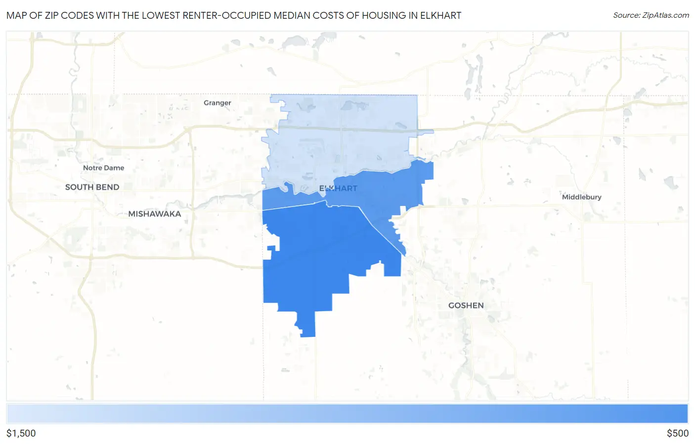 Zip Codes with the Lowest Renter-Occupied Median Costs of Housing in Elkhart Map