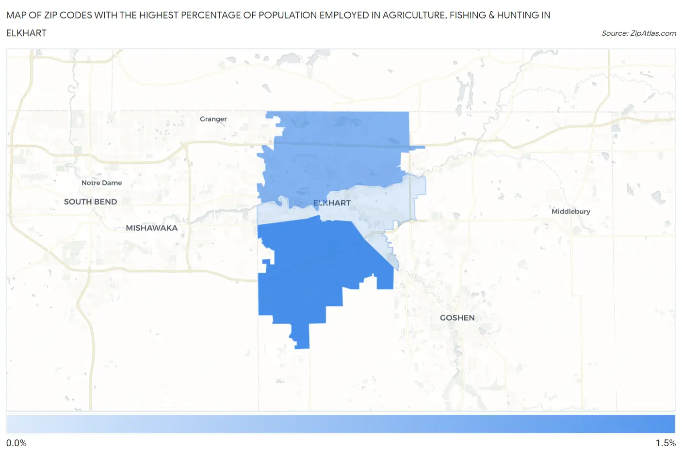 Zip Codes with the Highest Percentage of Population Employed in Agriculture, Fishing & Hunting in Elkhart Map