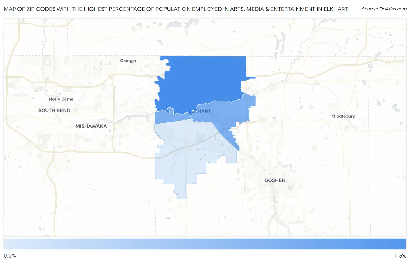 Zip Codes with the Highest Percentage of Population Employed in Arts, Media & Entertainment in Elkhart Map
