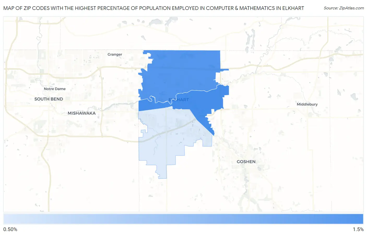Zip Codes with the Highest Percentage of Population Employed in Computer & Mathematics in Elkhart Map