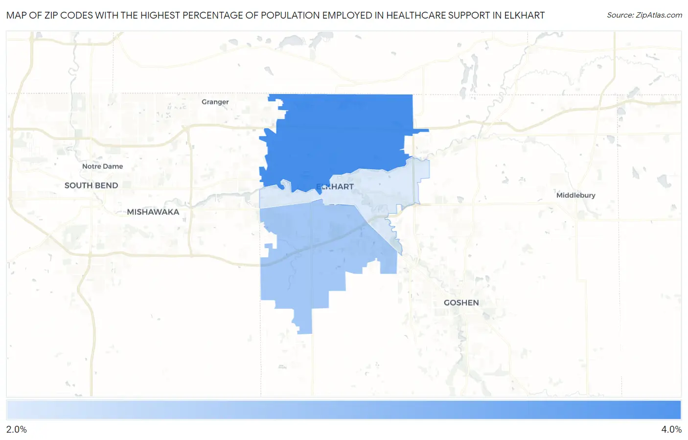 Zip Codes with the Highest Percentage of Population Employed in Healthcare Support in Elkhart Map