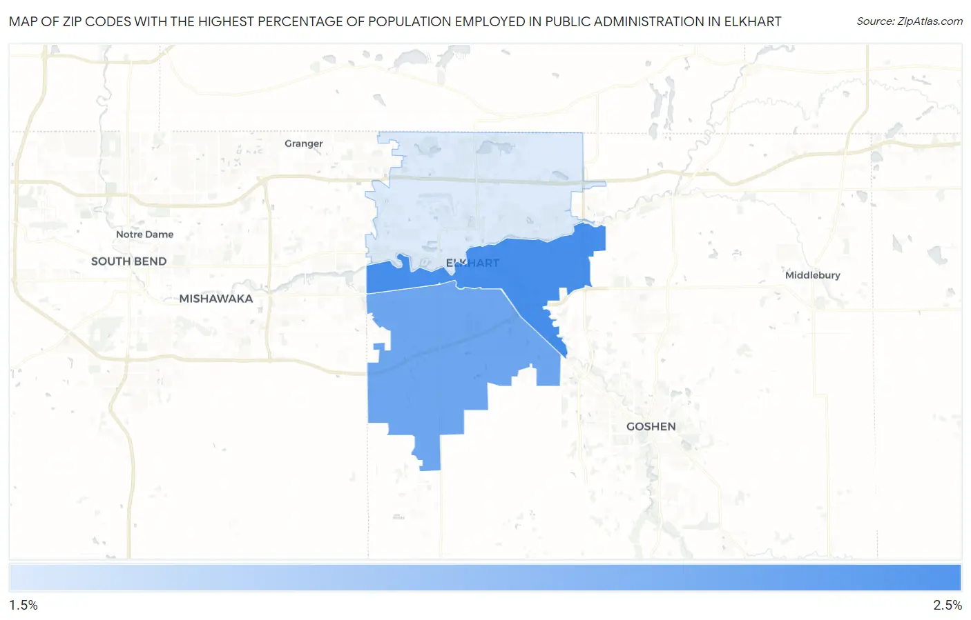 Zip Codes with the Highest Percentage of Population Employed in Public Administration in Elkhart Map