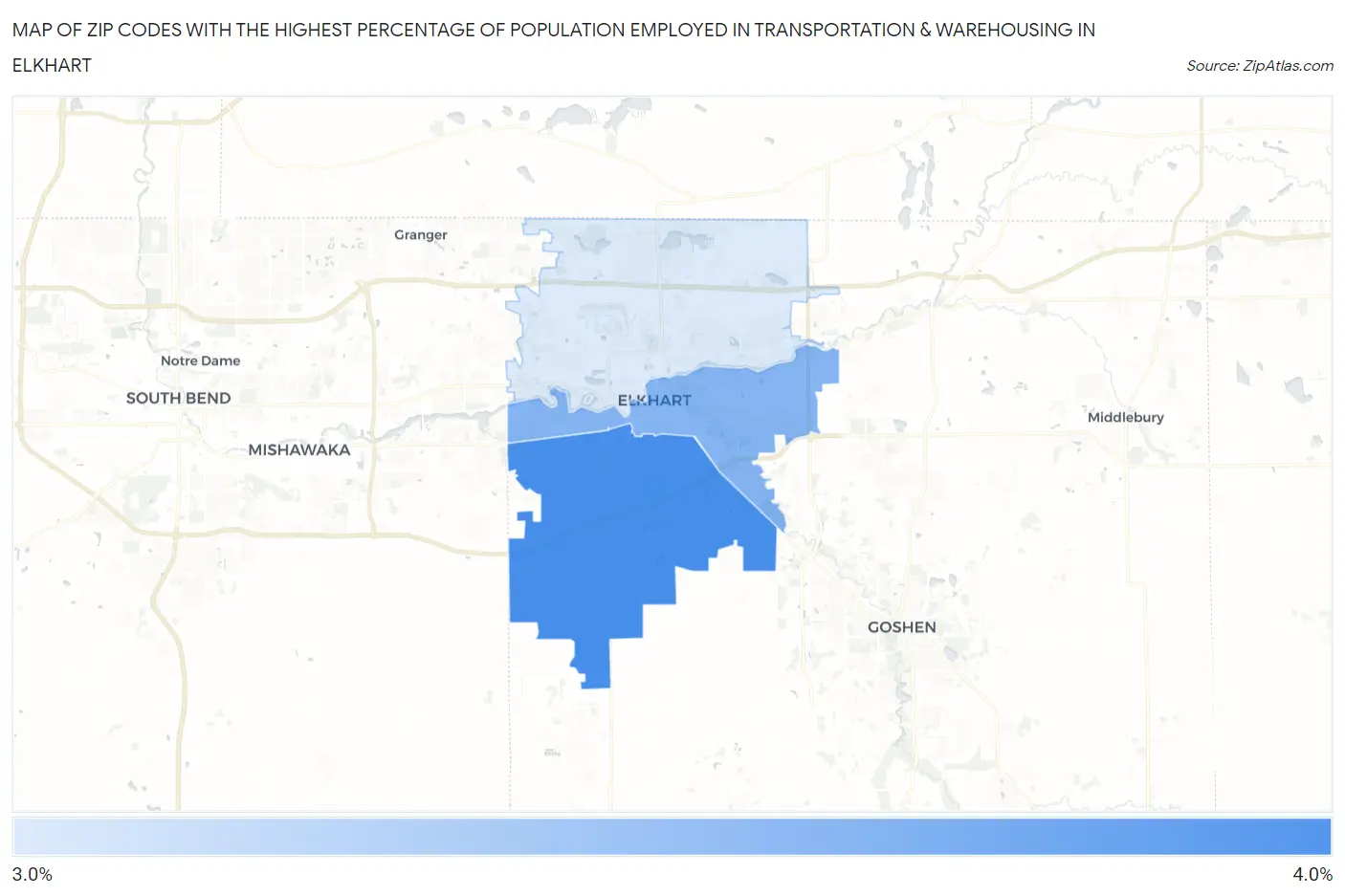 Zip Codes with the Highest Percentage of Population Employed in Transportation & Warehousing in Elkhart Map